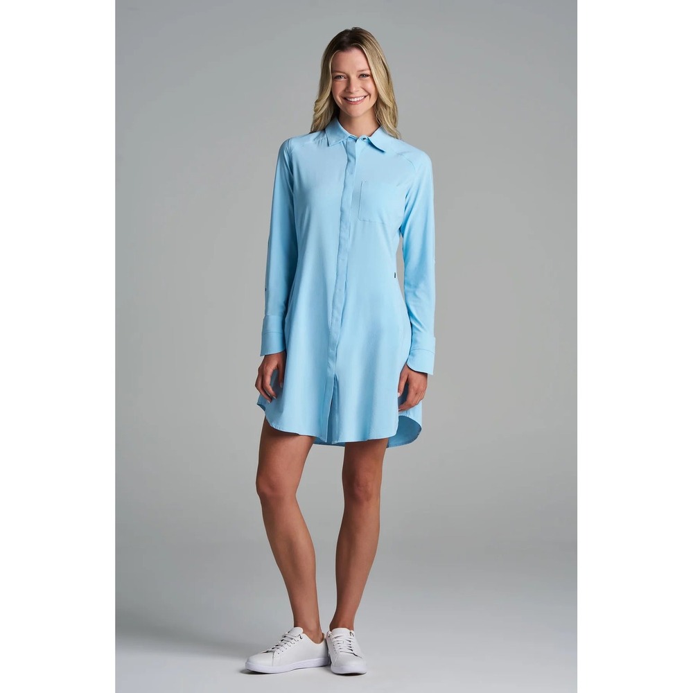 Coolibar | Malta Blue Travel Dress Breathable Sun Protection Button Down